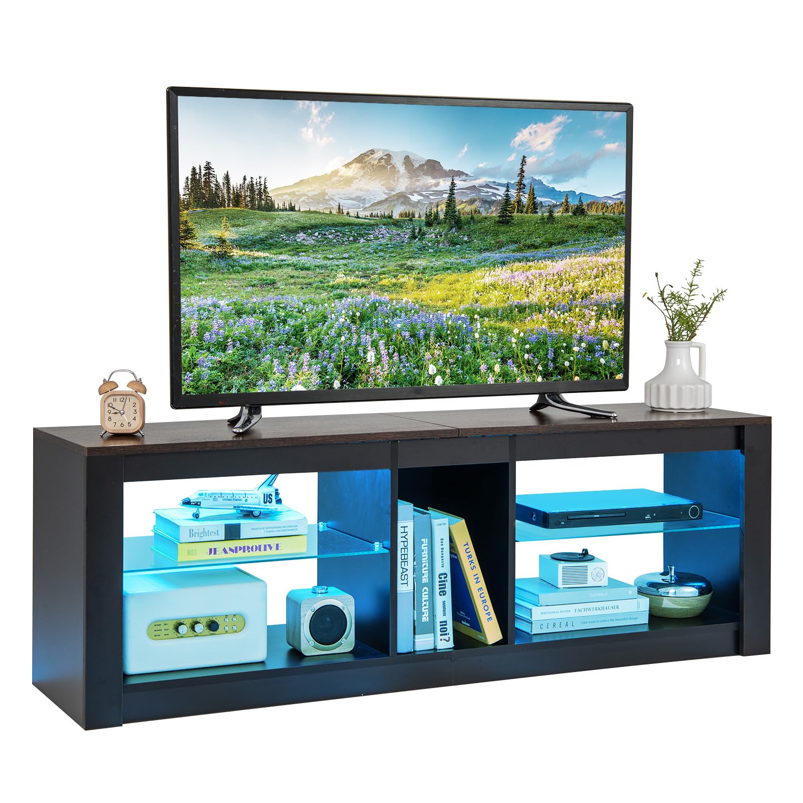 Meuble TV LED Tangkula pour téléviseurs 65 pouces, meuble de divertissement de jeu avec rangement ouvert